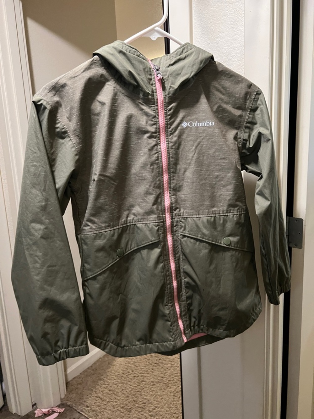 Columbia Olive Green Hooded Kids Rain Jacket with Pink Zipper